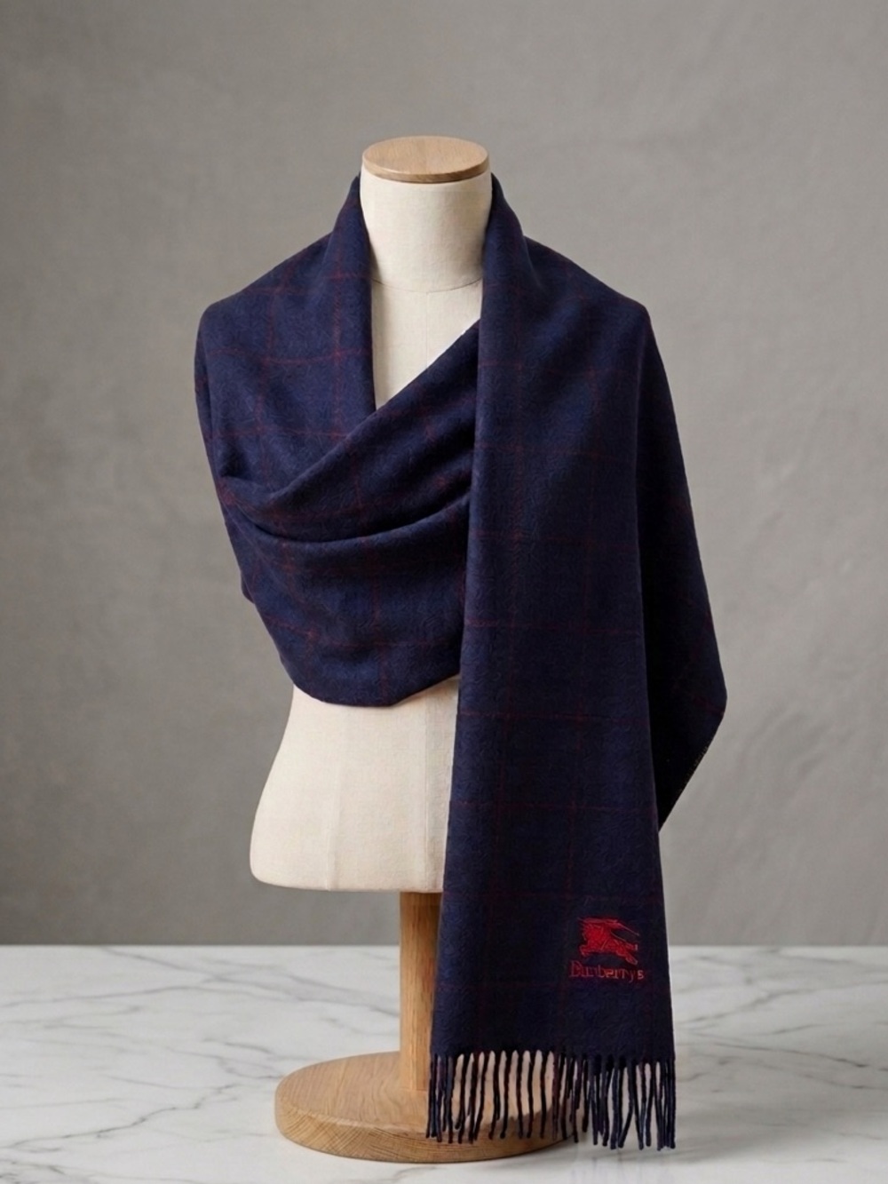 Vintage Burberrys of London 100% Wool Navy Blue Check Scarf Blanket 30x51